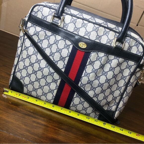 GUCCI GG Supreme Navy Leather Ophidia Sherry Line Coated Canvas Travel Work Bag - Picture 15 of 17